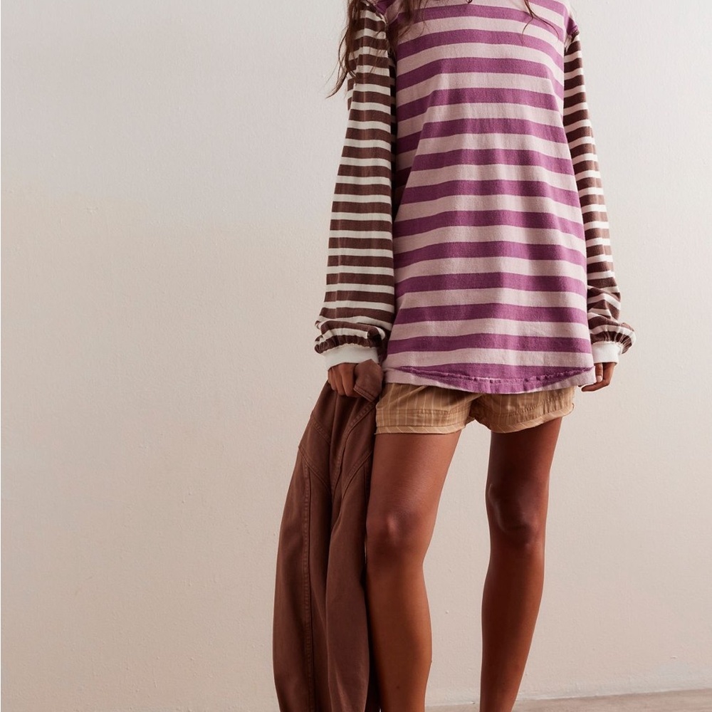 Striped Long Sleeve Top with Brown Shorts